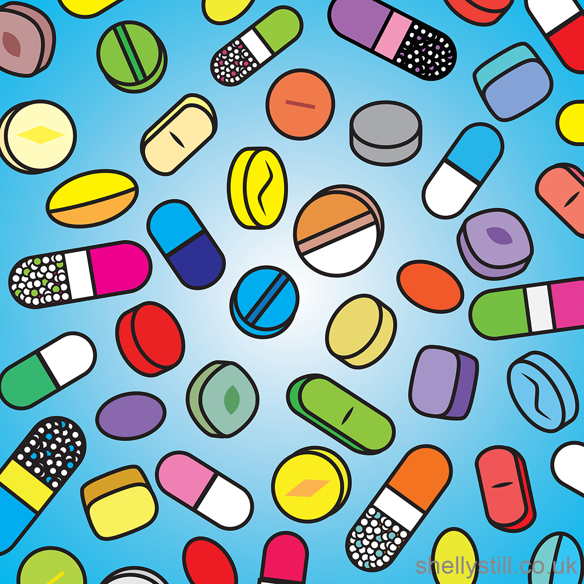 Drugs n Pills Shelly Still Illustration Cartoon Blue